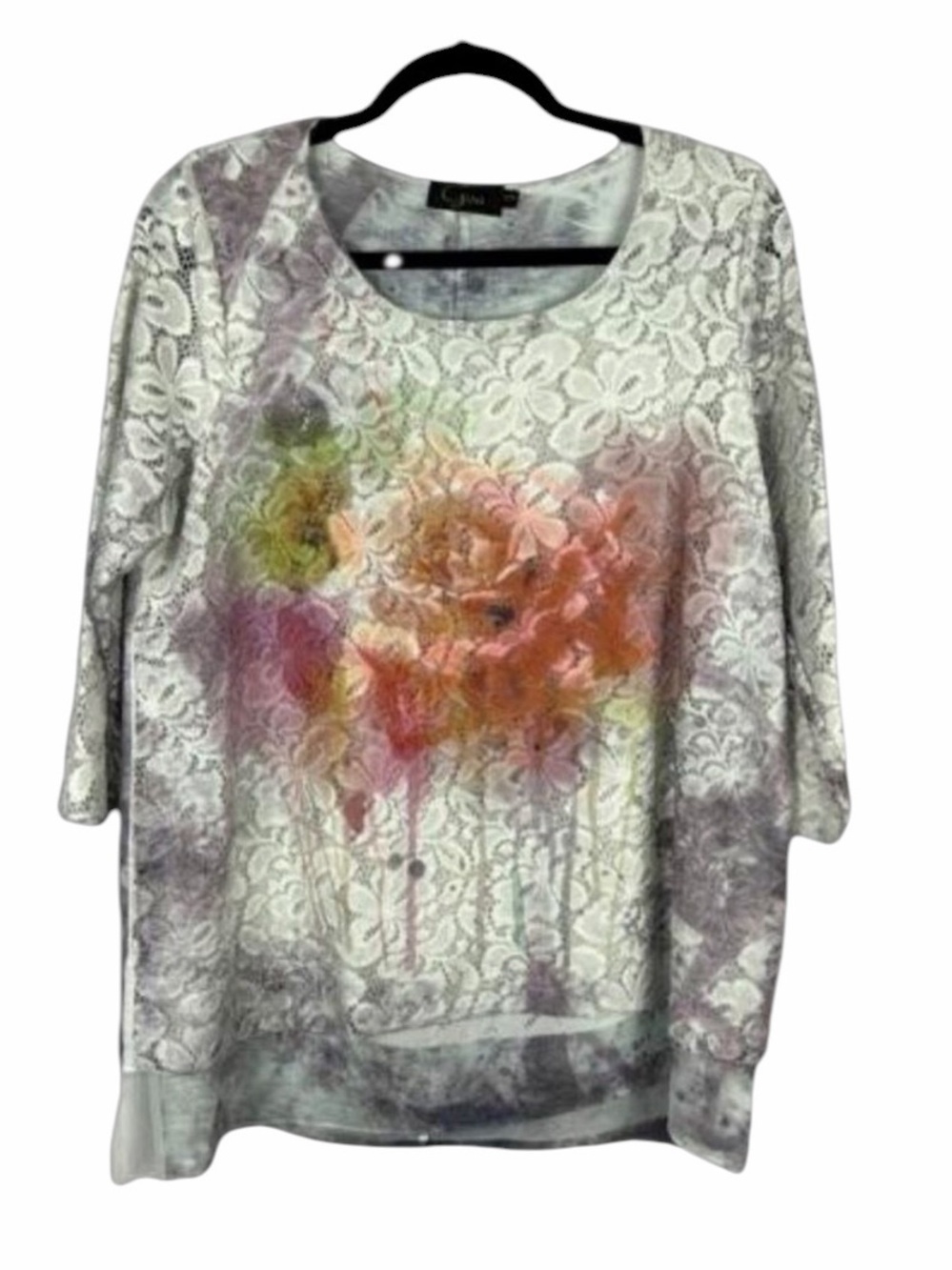 Goa Floral Lace Ombre Tie Dye 3/4 Sleeve Round Neck Top Medium White Grey